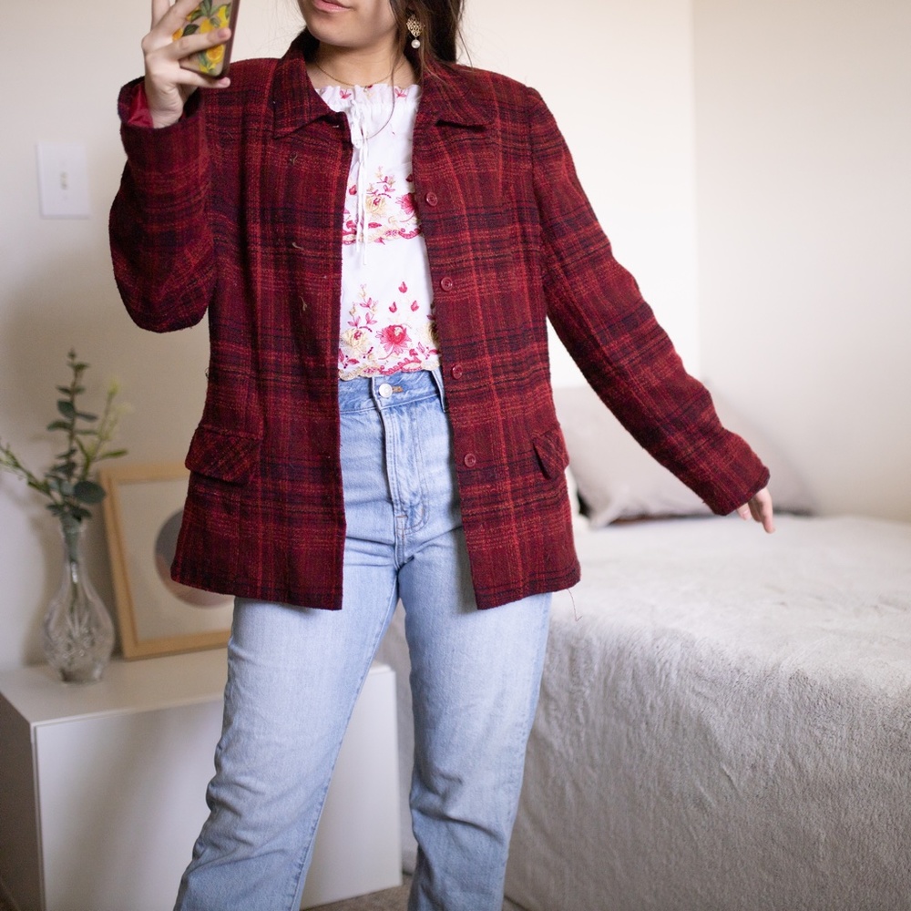 Red Plaid Tartan Textured Blazer